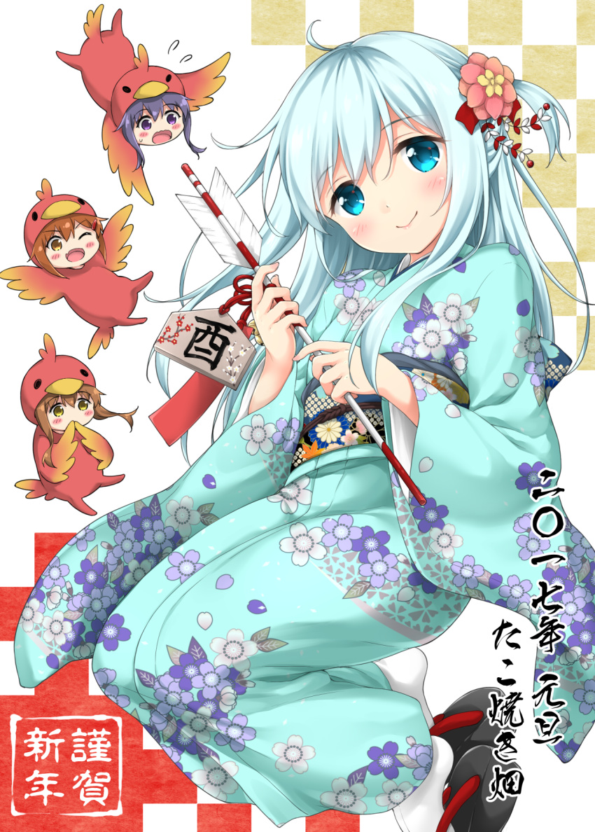 >:d, 4girls, :d, :o, akatsuki_(kantai_collection), arrow, bird_costume, blue_eyes