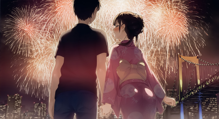 1boy, 1girl, absurdres, black_hair, black_shirt, blue_pants, blush, bow, bridge, casual, city_lights, closed_eyes, couple, cowboy_shot, denim, dragonfly_print, festival, fireworks, from_behind, hair_bun, hand_holding, highres, huge_filesize, jeans, kantoku, leaning_forward, long_sleeves, night, night_sky, pants, scan, shirt, short_hair, short_sleeves, sky, standing, yellow_bow