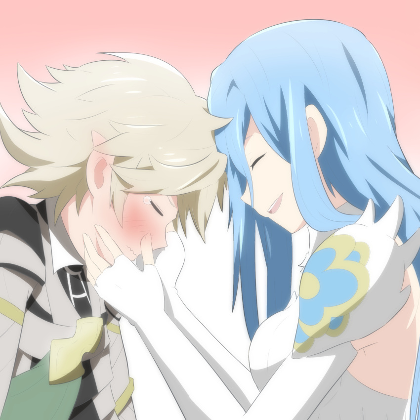 1boy, 1girl, aqua_(fire_emblem_if), blue_hair, blush, breasts, cape, closed_eyes