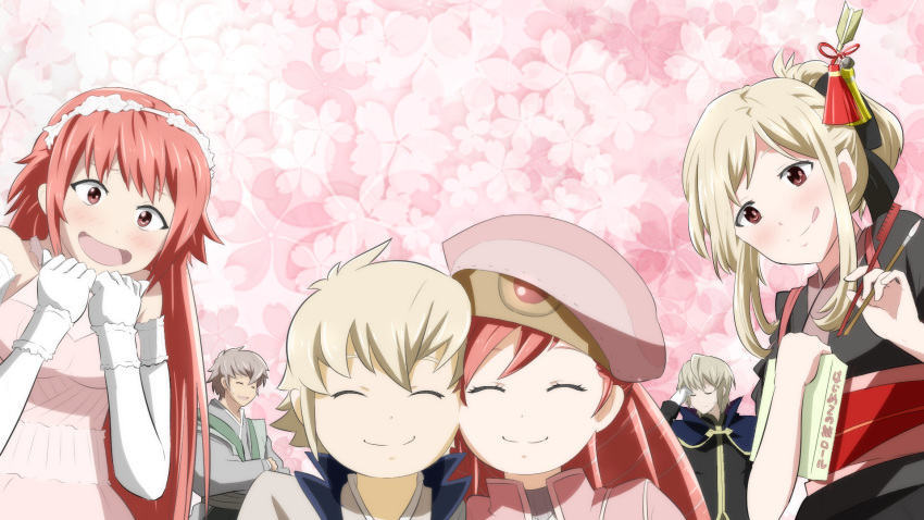 2girls, 4boys, :d, ^_^, alternate_hair_length, alternate_hairstyle, beret, blonde_hair, blush, brother_and_sister, capelet, cheek-to-cheek, chopsticks, closed_eyes, cousins, dress, drill_hair, elbow_gloves, elise_(fire_emblem_if), european_clothes, fire_emblem, fire_emblem_if, foleo_(fire_emblem_if), gloves, grey_hair, hair_ornament, hair_up, hat, headband, highres, husband_and_wife, japanese_clothes, kisaragi_(fire_emblem_if), leon_(fire_emblem_if), multiple_boys, multiple_girls, older, open_mouth, pink_eyes, pink_hair, red_eyes, sakura_(fire_emblem_if), siblings, sidelocks, smile, strapless, strapless_dress, takumi_(fire_emblem_if), tongue, tongue_out, toshi_(toshi10416), wallpaper, white_gloves, younger
