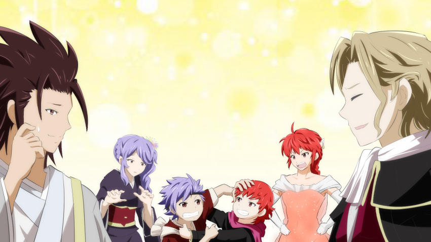2girls, 4boys, alternate_hair_length, alternate_hairstyle, angry, arguing, bared_teeth, blonde_hair, braid, brother_and_sister, brown_eyes, brown_hair, camilla_(fire_emblem_if), closed_eyes, cousins, cravat, dress, elbow_gloves, european_clothes, fire_emblem, fire_emblem_if, gloves, grabbing, hair_ornament, hand_on_another's_head, headband, highres, hinoka_(fire_emblem_if), husband_and_wife, japanese_clothes, long_hair, marx_(fire_emblem_if), multiple_boys, multiple_girls, pink_dress, purple_hair, red_eyes, redhead, ryouma_(fire_emblem_if), shinonome_(fire_emblem_if), short_hair, siblings, siegbert_(fire_emblem_if), spiky_hair, sweatdrop, teeth, toshi_(toshi10416), very_long_hair, wallpaper, white_gloves, worried, yellow_background
