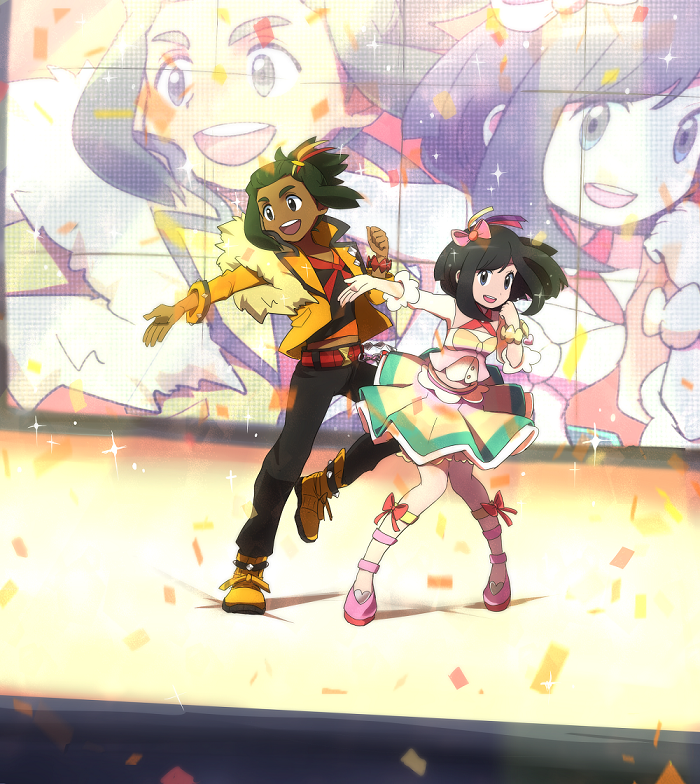 1boy, 1girl, alternate_costume, artist_request, belt, black_eyes, black_hair, black_pants, blouse, boots, buttons, concert, dark_skin, female_protagonist_(pokemon_sm), full_body, fur_coat, hair_ribbon, happy, hau_(pokemon), heart, high_heels, jacket, leg_ribbon, legs, long_sleeves, navel, open_clothes, open_jacket, open_mouth, pants, pokemon, pokemon_(game), pokemon_game, pokemon_sm, ponytail, ribbon, screen, shirt, short_hair, skirt, sleeveless, sleeveless_blouse, smile, sparkle, stage, stage_lights, tied_hair, wristband, yellow_boots, yellow_jacket