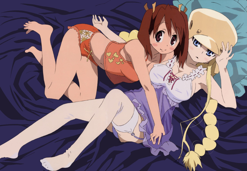 akiyama_tokino, armpits, barefoot, bed, blonde_hair, blue_eyes, blush_stickers, braid