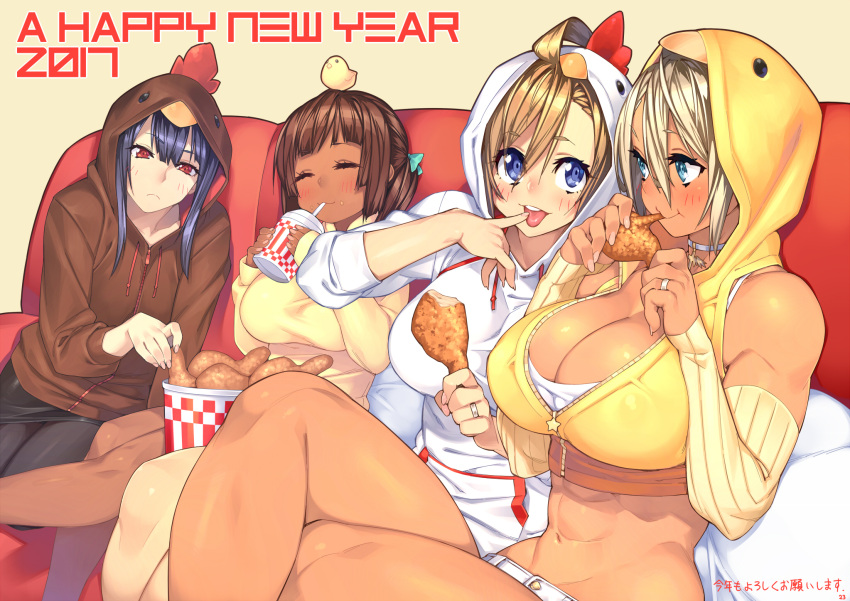 2017, 23_(real_xxiii), 4girls, abs, ahoge, ahoge_girl_(23), black_hair, blonde_hair, blue_eyes, blush, breasts, brown-haired_girl_(23), brown_hair, bucket, cleavage, closed_eyes, couch, dark-skinned_girl_(23), dark_skin, detached_sleeves, eating, finger_in_mouth, flat-chested_girl_(23), fried_chicken, happy_new_year, highres, hood, hoodie, jewelry, large_breasts, legs_crossed, long_hair, multiple_girls, muscle, new_year, open_mouth, original, red_eyes, ring, short_hair, sitting, smile, toned, tongue, tongue_out, translated, wedding_band, wife_and_wife, year_of_the_rooster
