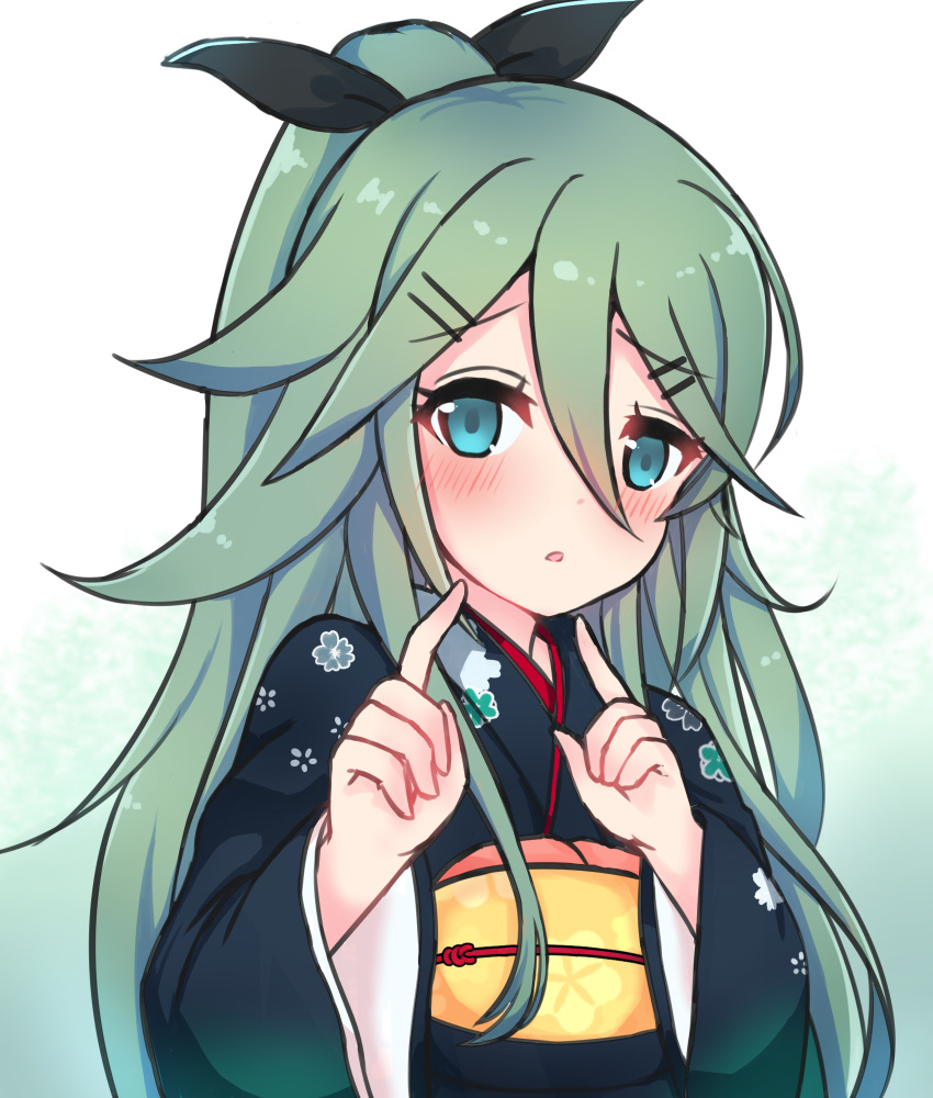 000_(jicasoe), 1girl, bangs, black_ribbon, blue_eyes, blush, floral_print, furisode
