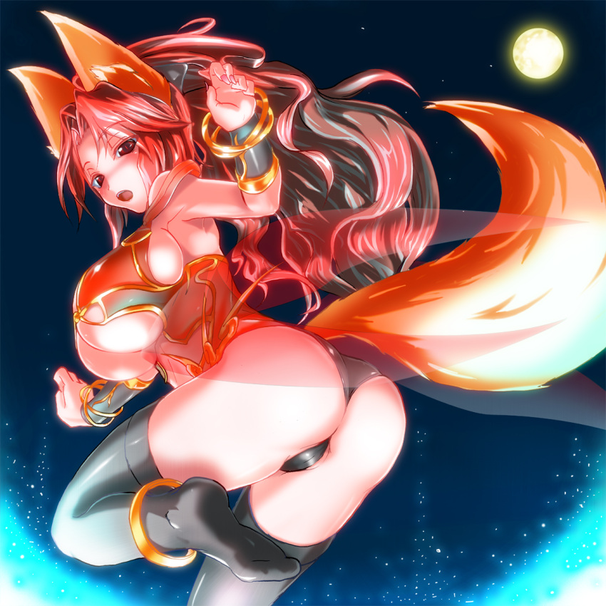 1girl, animal_ears, ass, black_panties, bow, breasts, fox_ears, fox_girl, full_moon, hair_bow, highres, kiyukisuke, large_breasts, long_hair, looking_at_viewer, looking_back, moon, nail_polish, open_mouth, original, panties, red_eyes, redhead, sideboob, sky, solo, star_(sky), thigh-highs, under_boob, underwear