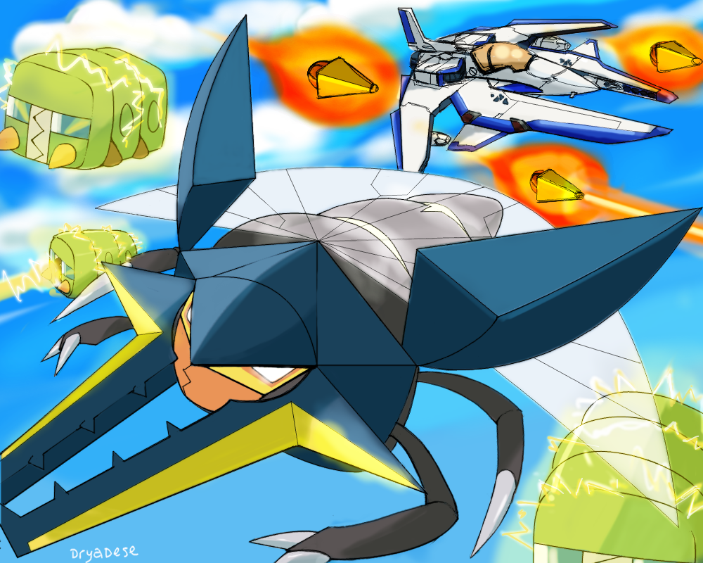 aircraft, airplane, artist_name, charjabug, clouds, crossover, dryadese_(artist), electricity, gradius, jet, laser, options, pokemon, pokemon_(game), pokemon_sm, sky, vic_viper, vikavolt