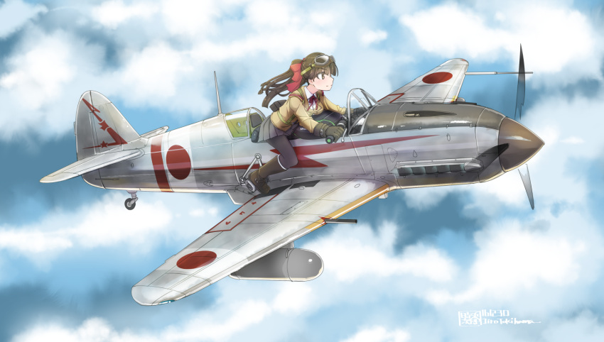 1girl, aircraft, airplane, boots, bow, breast_press, brown_eyes, brown_hair, clouds, gflying, gloves, goggles, hair_bow, highres, pantyhose, pleated_skirt, ponytail, profile, propeller, sitting, skirt, solo, tokihama_jirou, world_war_ii
