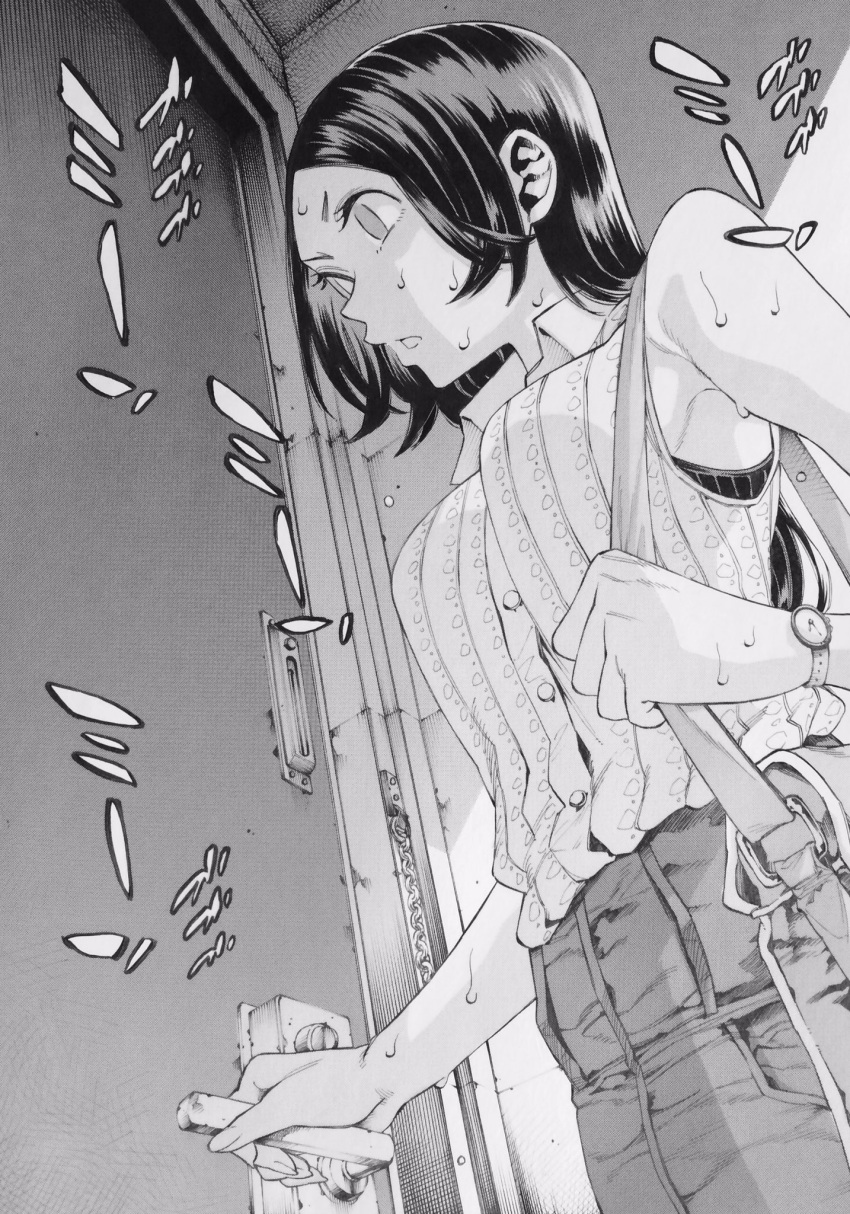 1girl, bag, black_hair, breasts, collared_shirt, door, doorknob, greyscale
