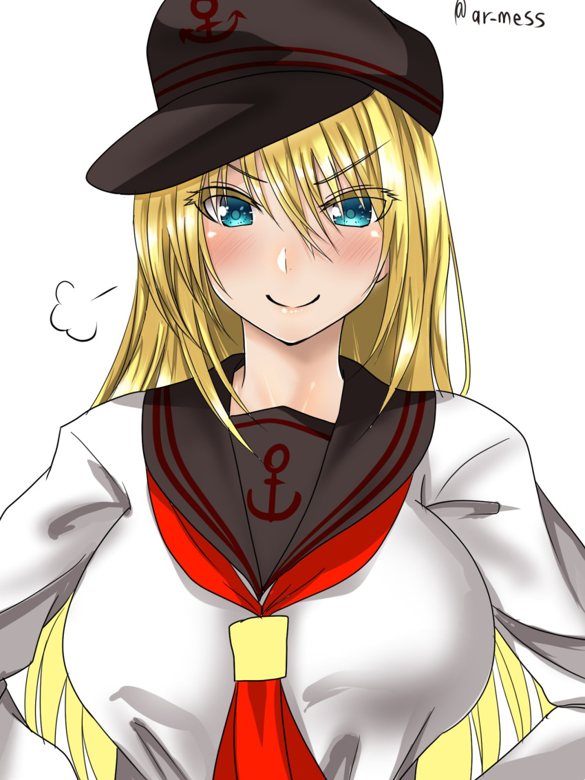 1girl, =3, akatsuki_(kantai_collection), akatsuki_(kantai_collection)_(cosplay), ar_(lover_boy), bismarck_(kantai_collection), blonde_hair, blue_eyes