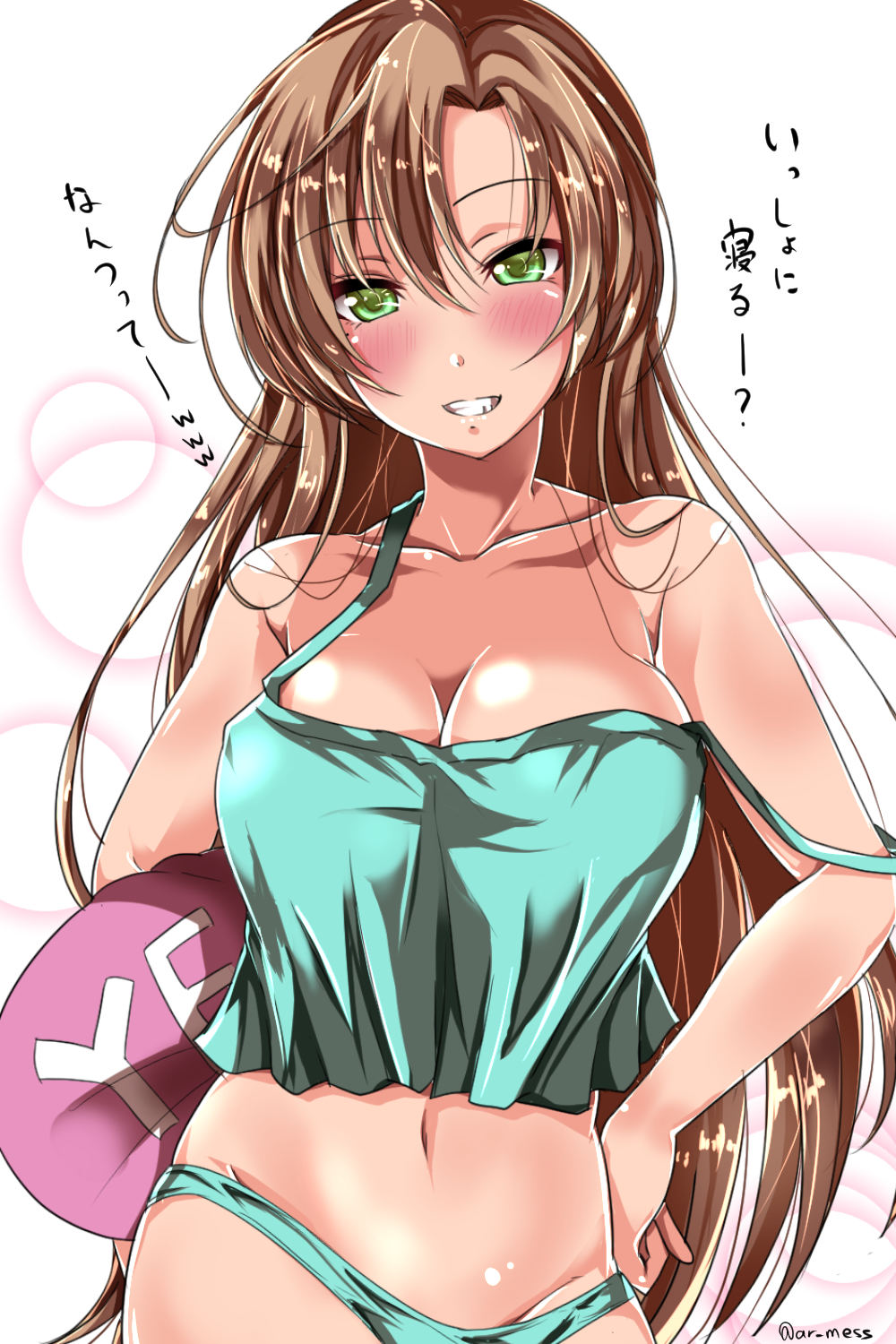 1girl, :d, akigumo_(kantai_collection), ar_(lover_boy), breasts, brown_hair, cleavage, collarbone