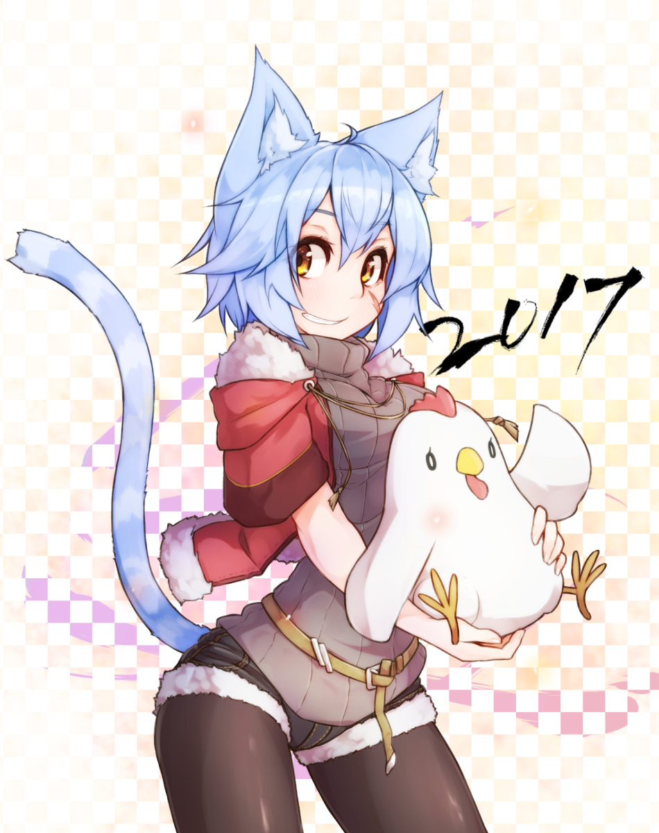 2017, animal_ears, bangs, belt, bird, black_legwear, blue_hair, breasts