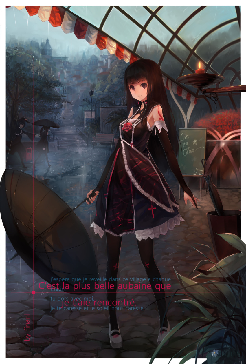 3girls, absurdres, bench, black_hair, black_legwear, bridal_gauntlets, brown_eyes, candle