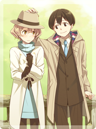 1boy, 1girl, black_gloves, black_hair, black_legwear, blush, brown_eyes, brown_hair