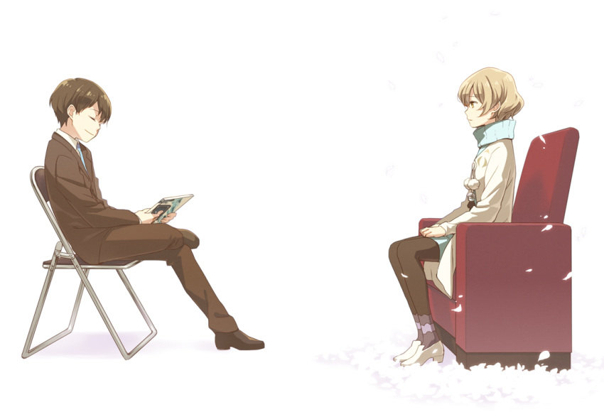 1boy, 1girl, black_gloves, black_hair, black_legwear, brown_eyes, brown_hair, chair