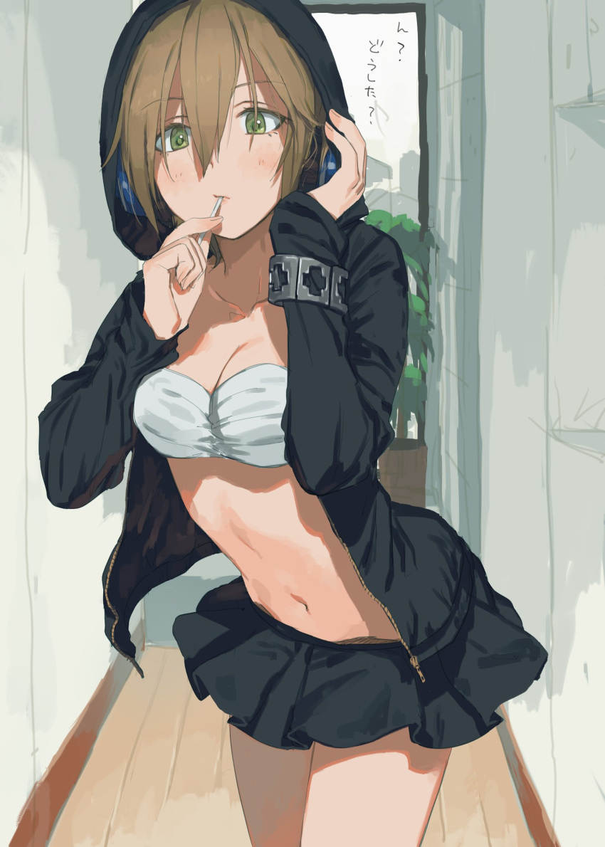 bikini_top, bracelet, breasts, brown_hair, candy, daifukumochi_(qquuiieett), food, green_eyes