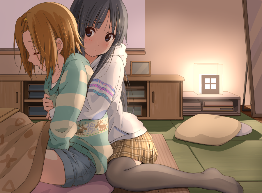 2girls, akiyama_mio, alternate_costume, between_legs, black_eyes, black_hair, blush, breast_grab