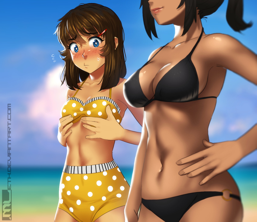 2girls, bikini, black_bikini, black_hair, blue_eyes, blue_sky, blush, breast_envy