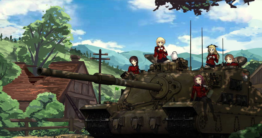 5girls, a39_tortoise, arm_support, assam, black_legwear, blonde_hair, blue_eyes, blurry