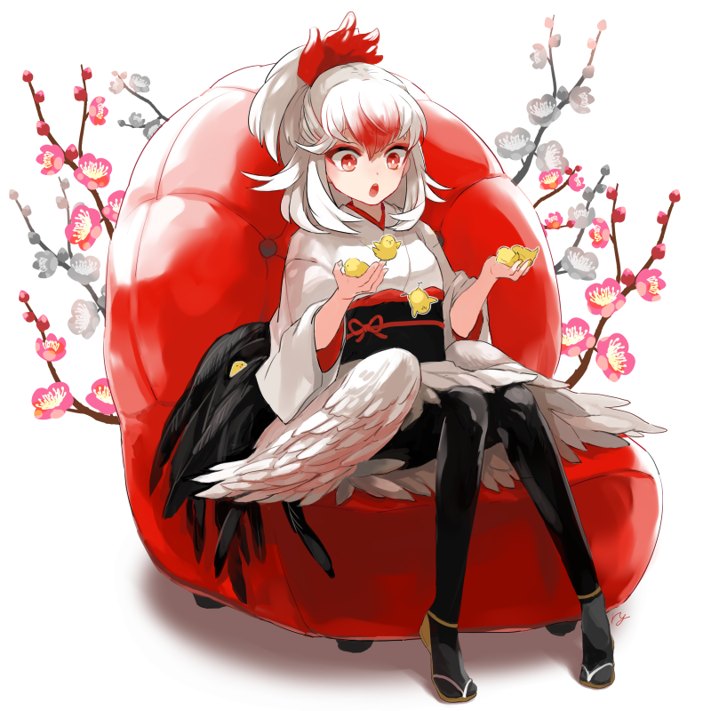 1girl, :o, animal, bangs, bird, bird_on_hand, bird_tail, black_legwear, branch, breasts, chair, chick, chicken, eyeshadow, falling, flower, flying, full_body, hair_ornament, half_updo, in_palm, japanese_clothes, kimono, knees_together_feet_apart, long_sleeves, low_wings, makeup, medium_breasts, multicolored_hair, new_year, original, pantyhose, personification, pink_flower, red_eyes, redhead, ryouma_(888), sandals, signature, sitting, streaked_hair, surprised, white_background, white_kimono, wide_sleeves, wings, year_of_the_rooster