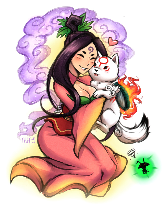 1girl, ^_^, animal, animal_hug, black_hair, breasts, chibiterasu, cleavage