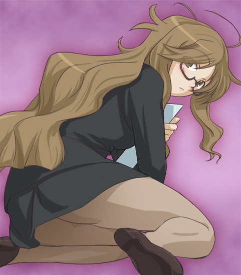 brown_eyes, brown_hair, glasses, goroumaru_touko, haruyama, long_hair, miniskirt, mushiuta, pantyhose, skirt