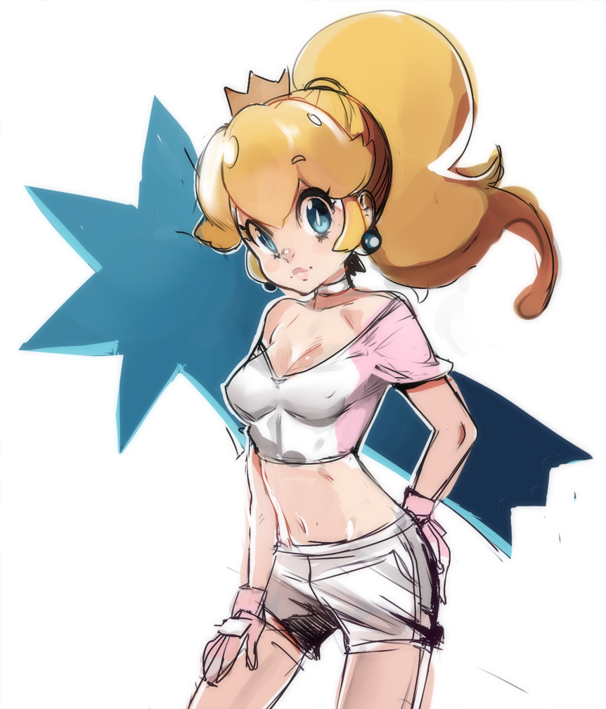 1girl, blue_eyes, breasts, choker, cleavage, closed_eyes, crop_top, crown, gloves, light_smile, lips, long_hair, super_mario_bros., mario_strikers_charged, medium_breasts, midriff, princess_peach, sho-n-d, shorts, sketch, solo, super_mario_bros.