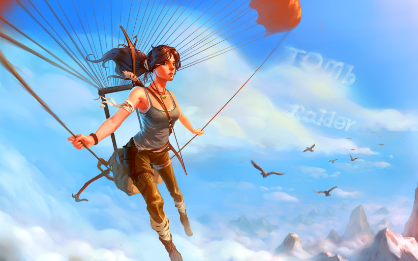 1girl, bandaged_arm, bow_(weapon), breasts, brown_eyes, brown_hair, clouds, highres