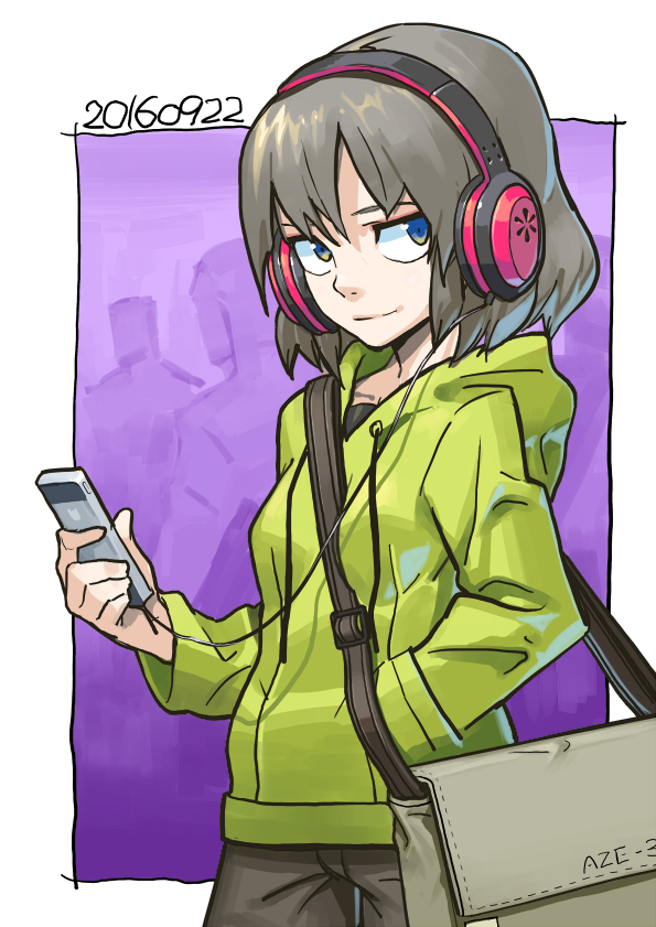 1girl, aze_3, bag, blue_eyes, cellphone, dated, grey_hair, hand_in_pocket