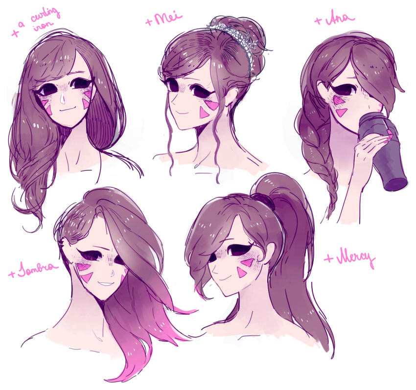 1girl, alternate_hairstyle, borrowed_design, braid, brown_eyes, brown_hair, character_sheet, collarbone, d.va_(overwatch), drinking, facepaint, facial_mark, female, grin, hair_bun, hair_over_one_eye, hair_tie, high_ponytail, long_hair, nude, overwatch, portrait, simple_background, single_braid, sketch, smile, solid_circle_eyes, solo, sylvaur_(serpygardy), thermos, whisker_markings, white_background