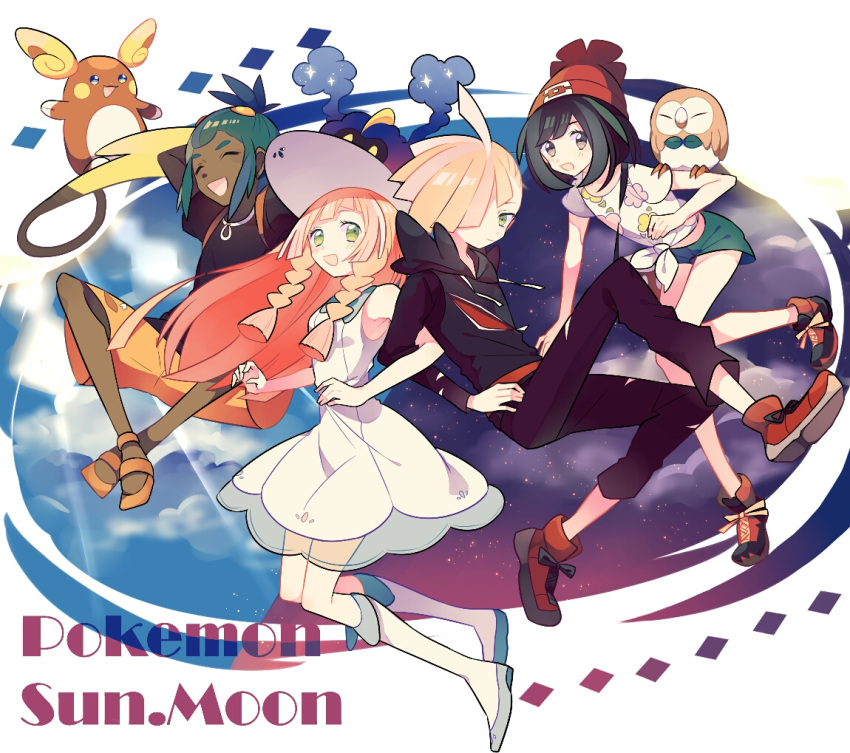 2boys, 2girls, alola_form, alolan_raichu, beanie, black_eyes, black_hair, black_pants, black_shirt, blonde_hair, braid, brother_and_sister, closed_eyes, cosmog, dark_skin, dark_skinned_male, dress, female_protagonist_(pokemon_sm), gladio_(pokemon), green_eyes, green_hair, hair_over_one_eye, hat, hau_(pokemon), hood, hoodie, lillie_(pokemon), long_hair, multiple_boys, multiple_girls, nagatsukiariake, open_mouth, orange_shorts, pants, pokemon, pokemon_(creature), pokemon_(game), pokemon_sm, ponytail, red_hat, rowlet, sandals, see-through, shirt, shoes, short_hair, shorts, siblings, sky, sleeveless, sleeveless_dress, sneakers, sun_hat, tied_shirt, torn_clothes, torn_pants, twin_braids, white_dress, white_hat