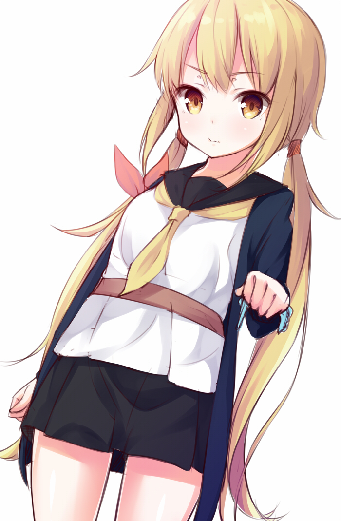 >:t, 1girl, :t, bangs, black_skirt, blue_panties, cardigan, cowboy_shot, dutch_angle, holding, holding_panties, kantai_collection, kotonoha_zaja, long_hair, looking_at_viewer, neckerchief, panties, pleated_skirt, satsuki_(kantai_collection), school_uniform, serafuku, simple_background, skirt, solo, twintails, underwear, very_long_hair, white_background, yellow_eyes, yellow_neckerchief