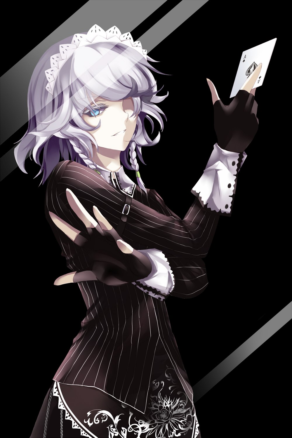 1girl, :d, ace, ace_of_spades, alternate_costume, apron, belt, belt_buckle