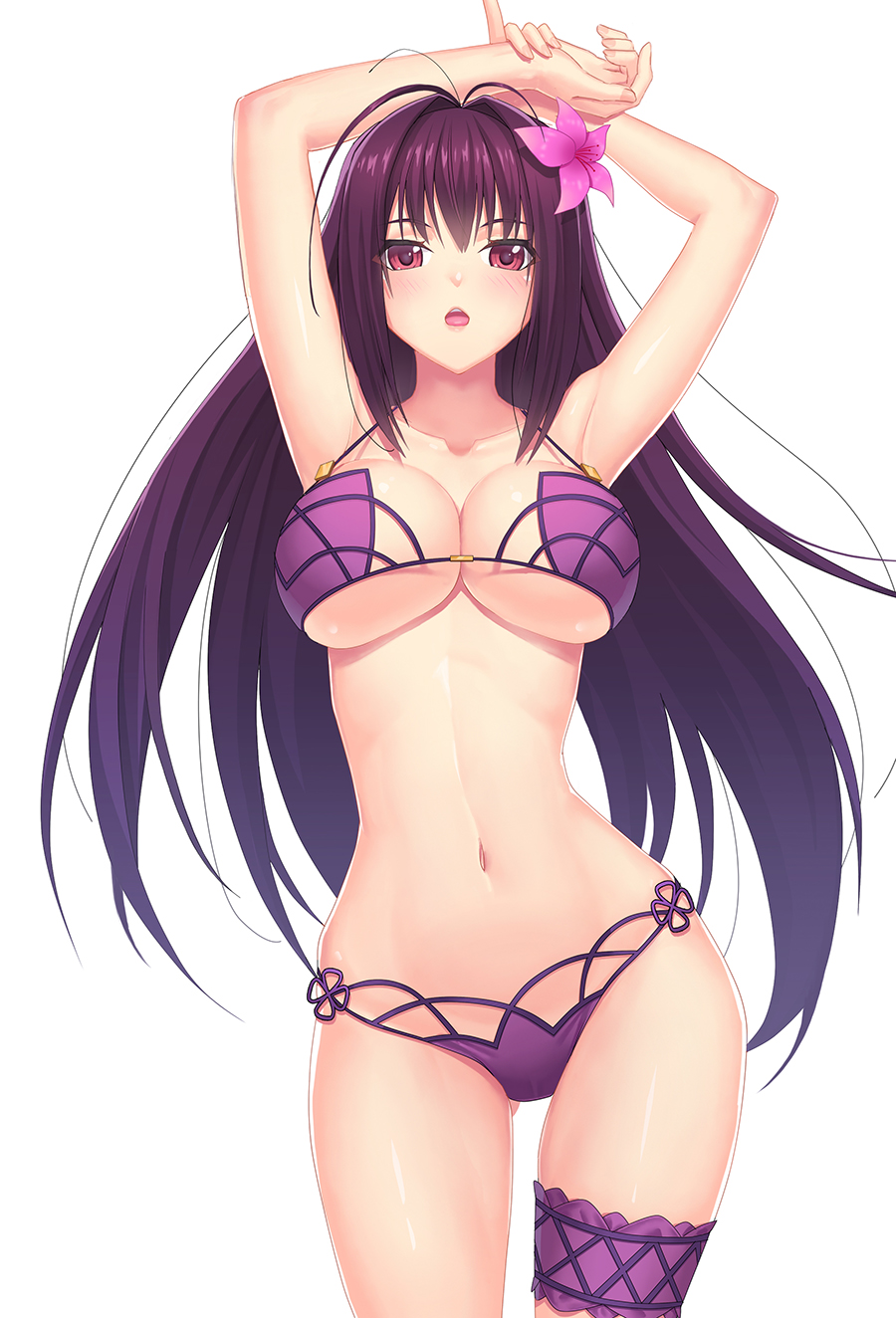 1girl, arms_behind_head, arms_up, bangs, bikini, blush, breasts, cleavage