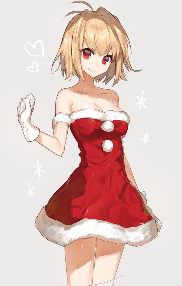 1girl, arcueid_brunestud, blonde_hair, breasts, chokoan_(tyokoa4649), looking_at_viewer, red_eyes, santa_costume, short_hair, smile, solo, tsukihime