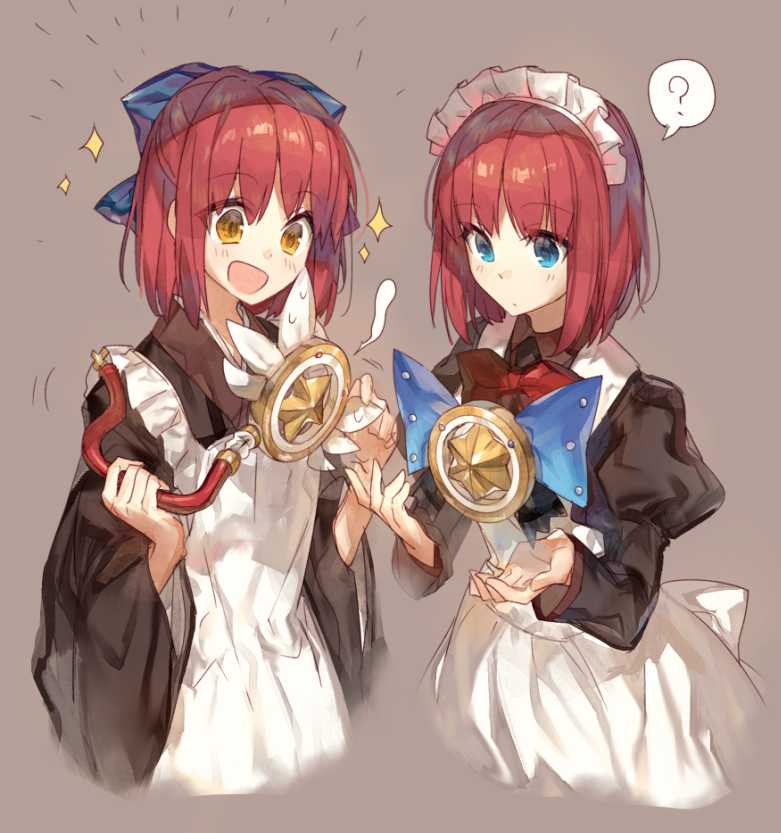 2girls, ?, apron, blue_eyes, blush, chokoan_(tyokoa4649), company_connection, crossover, fate/kaleid_liner_prisma_illya, fate_(series), hair_ornament, hisui, kakazu_yumi, kohaku, magical_ruby, magical_sapphire, maid, maid_apron, maid_headdress, matsuki_miyu, multiple_girls, redhead, seiyuu_connection, short_hair, siblings, sisters, smile, sparkle, spoken_question_mark, takano_naoko, tsukihime, twins, yellow_eyes