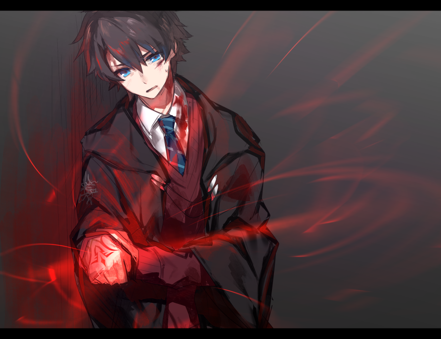 1boy, against_wall, bangs, black_hair, blood, bloody_clothes, blue_eyes, blue_necktie