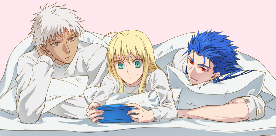 1girl, 2boys, ahoge, alternate_costume, archer, blanket, fate/stay_night, fate_(series), handheld_game_console, lancer, multiple_boys, ooga, pajamas, pillow, pillow_support, pink_background, playing_games, playstation_portable, saber, shared_blanket, under_covers