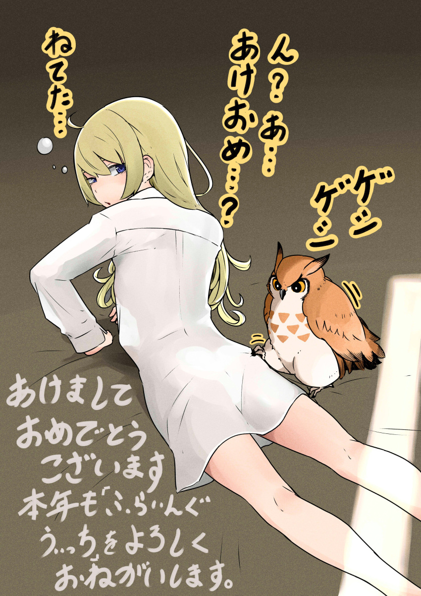 1girl, absurdres, ahoge, arm_support, aurore_(flying_witch), bird, blonde_hair, blue_eyes, breasts, bubble, dress_shirt, flying_witch, half-closed_eye, highres, ishizuka_chihiro, light_beam, long_hair, looking_at_viewer, looking_back, lying, no_pants, on_stomach, open_mouth, owl, panties, see-through_silhouette, shiina_anzu_(flying_witch), shirt, small_breasts, translation_request, underwear, waking_up, white_panties
