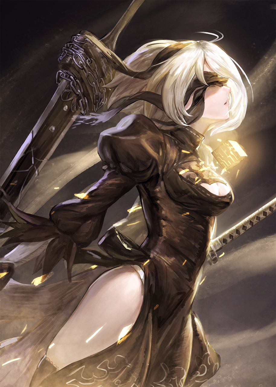 1girl, blindfold, breasts, chains, cleavage, ecens, highres, katana