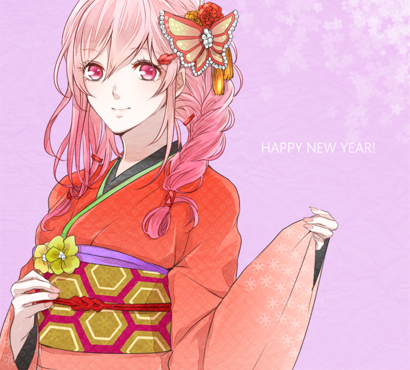 1girl, braid, flower, guilty_crown, hair_flower, hair_ornament, happy_new_year, japanese_clothes