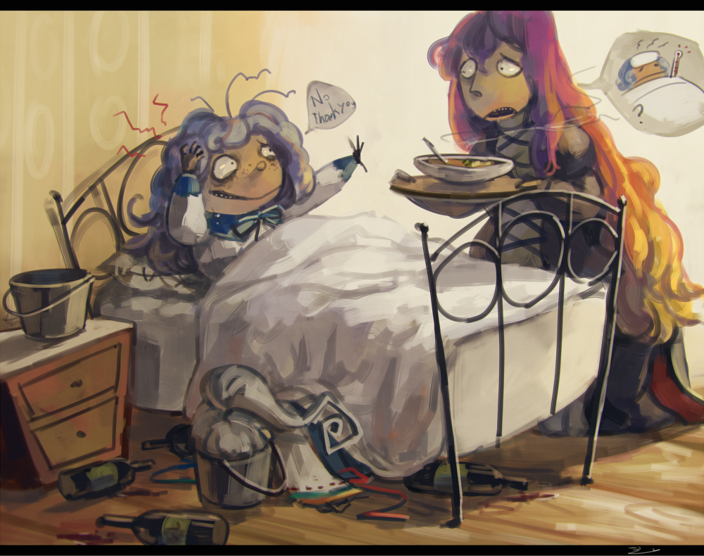 3girls, alcohol, bed, blonde_hair, bottle, brown_hair, bucket, commentary