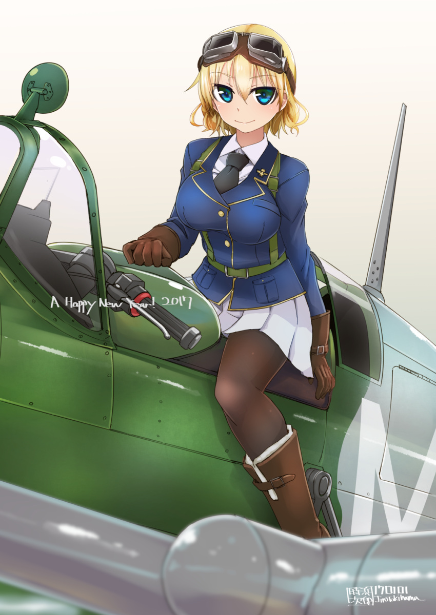 1girl, aircraft, airplane, belt, blonde_hair, blue_eyes, boots, breasts