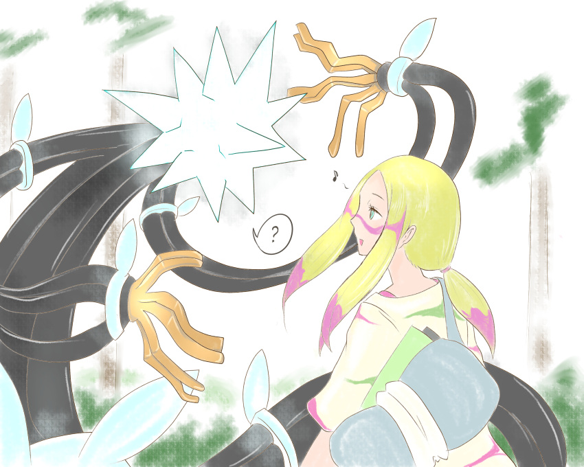 1girl, :d, ?, absurdres, bag, blonde_hair, bra, facepaint