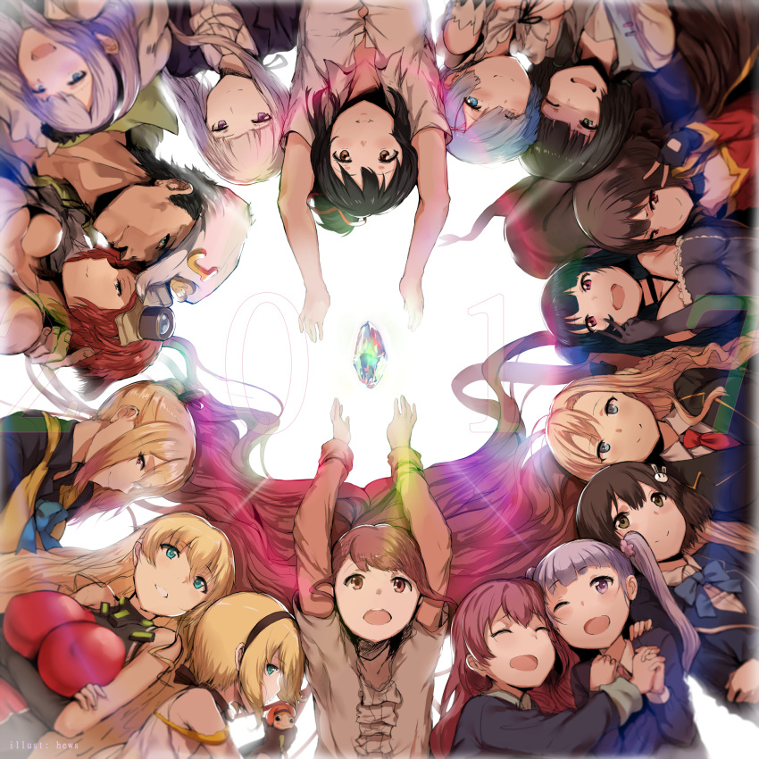2017, 2boys, 6+girls, :d, ;d, ^_^, arms_up, bangs