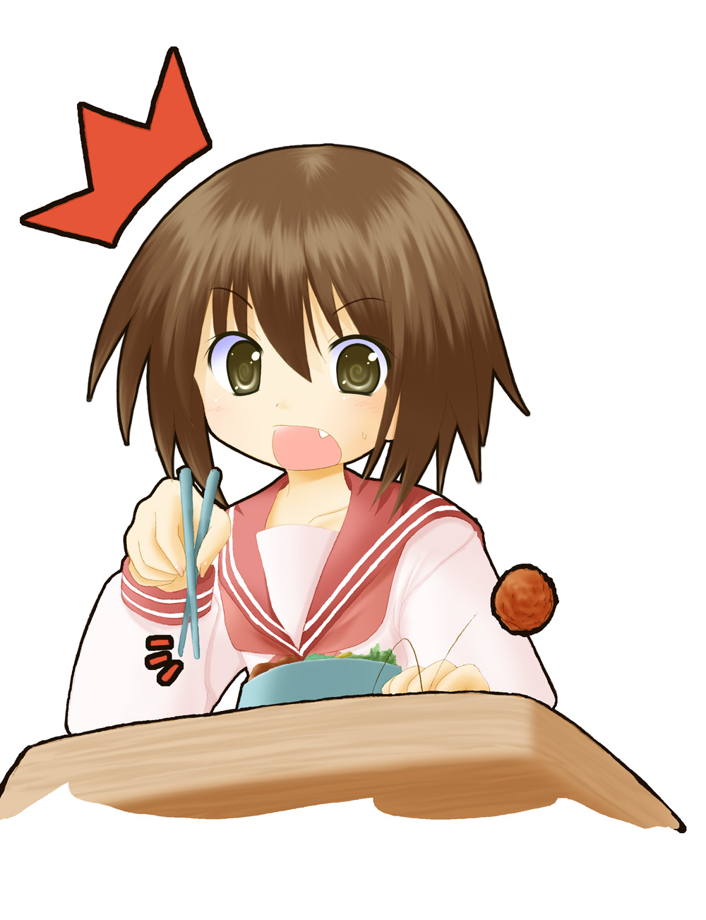 chopsticks, fang, highres, kusakabe_misao, lucky_star, meatball, nashigami_tsubute, open_mouth