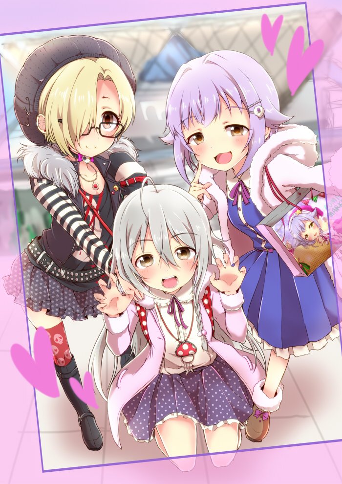 3girls, ahoge, backpack, bag, beanie, blonde_hair, blouse, blue_dress