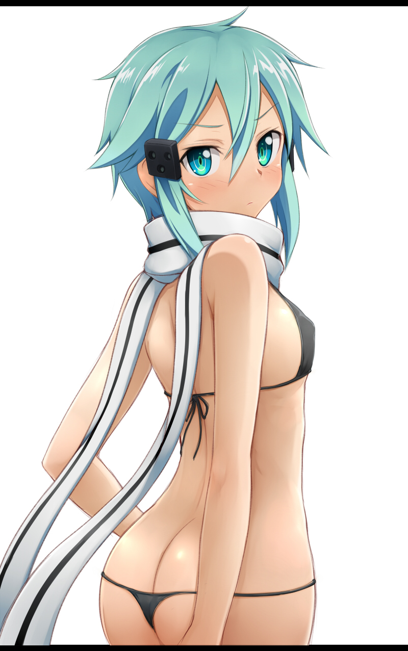 1girl, ass, bikini, blue_eyes, blue_hair, blush, breasts, butt_crack