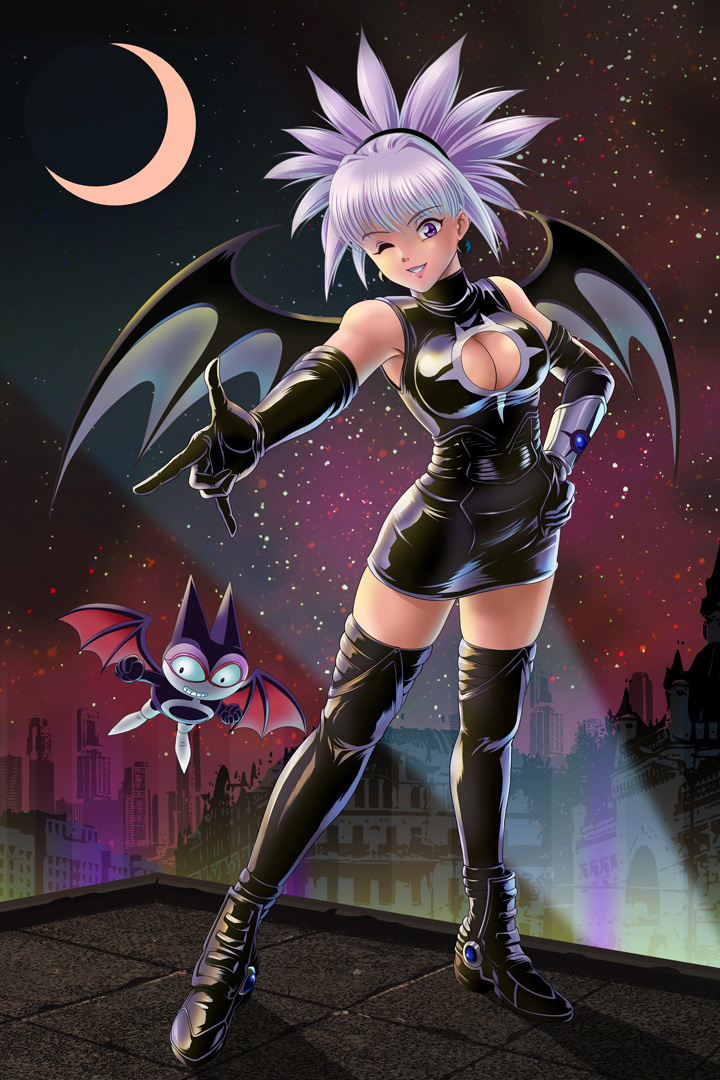 1girl, aimi_komomori, bat_wings, black_legwear, breasts, cleavage, cleavage_cutout, de-mo