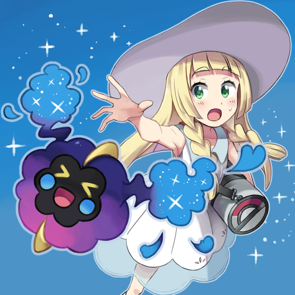 1girl, bag, blonde_hair, braid, cosmog, dress, duffel_bag, green_eyes